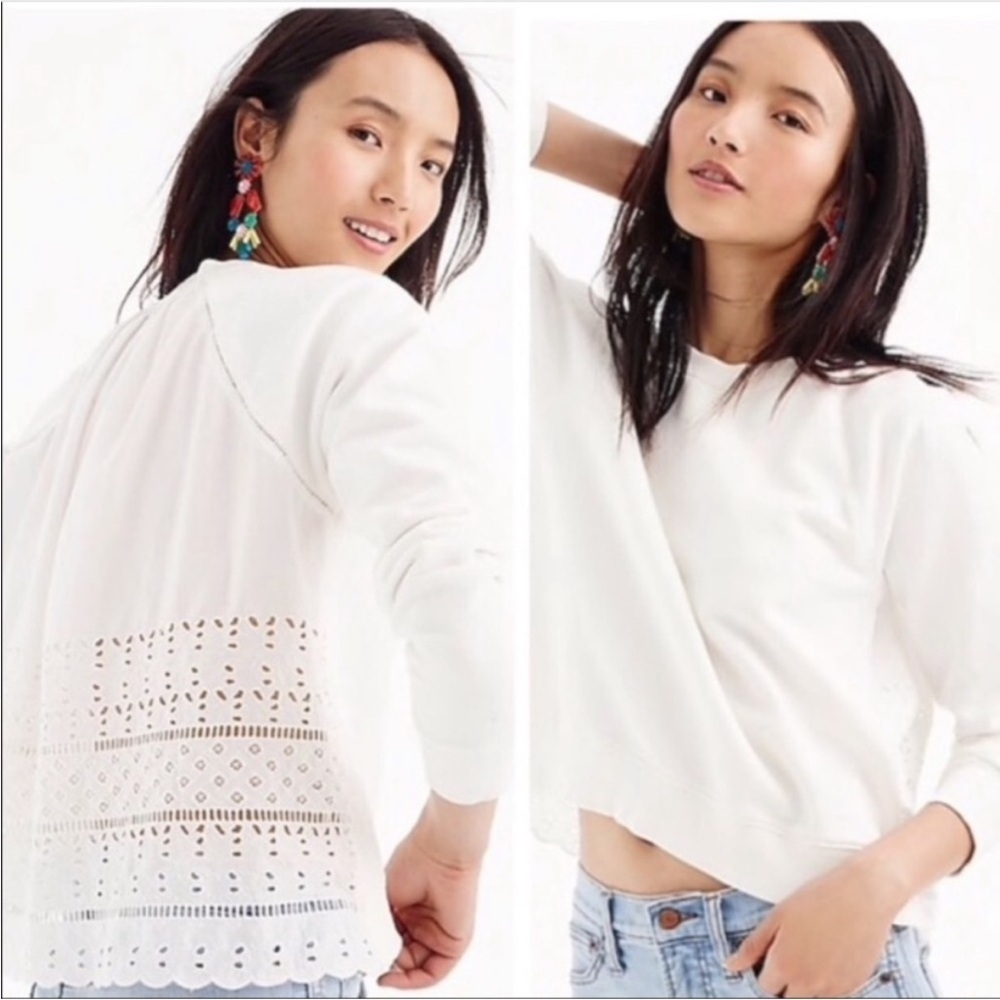 J. Crew White Eyelet Back Sweatshirt Medium Cotton Lace Embroidered - Picture 3 of 10
